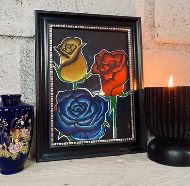 Rose paining over fireplace with vase and candle