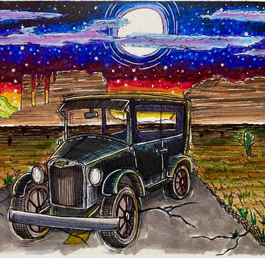 a marker drawing of an old chevy on route 66 with a full moon, monument valley, and a ufo