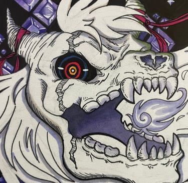 a marker on sketchpad drawing of a demon creature with purple gems and red straps 
