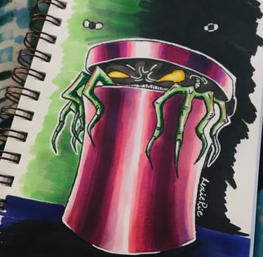 a marker drawing of a green trashcan goblin in pink trashcan.