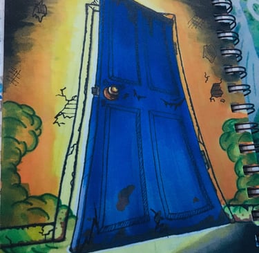 ominous creepy door with something lurking behind it.