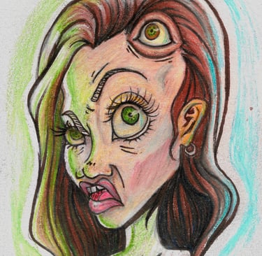 a drawing of a woman with green eyes. Angelina Jolie with a third eye.