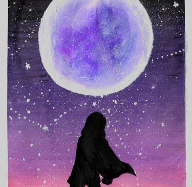 a lone rogue on a hill gazing in the nigh at the full moon in the purple sky
