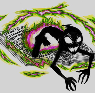 a marker drawing of a cartoon goblin being summoned from a spellbook