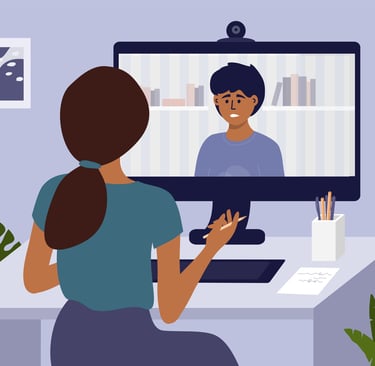 Online terapi yapan psikolog ve bilgisayardan bağlanan danışanı