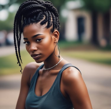 A person is styling long brown hair, creating an intricate updo with curls being pinned into place. The focus is on the hands of the stylist as they carefully arrange the hair, with a blurred salon background.