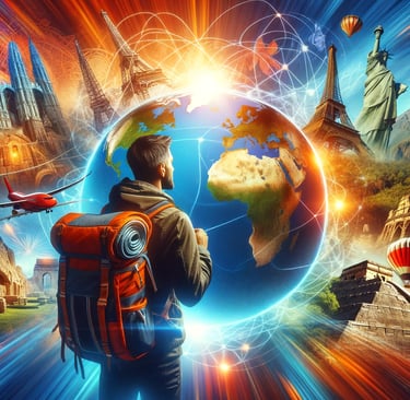 a man standing in front of a globe with a view of the world