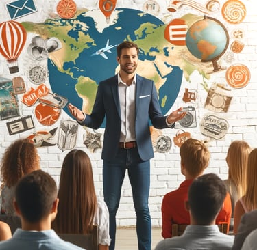 a man in a suit and tie is standing in front of a group of people