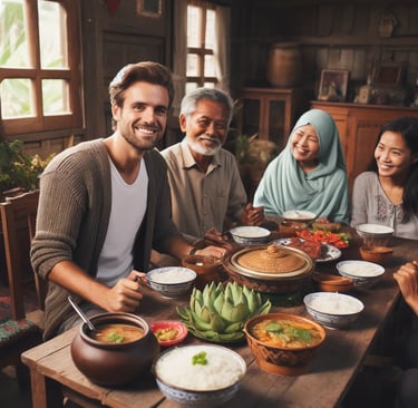 a group of people sitting around a table with food