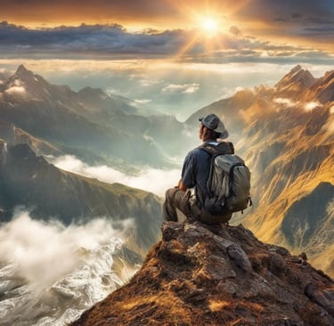 a man sitting on top of a mountain