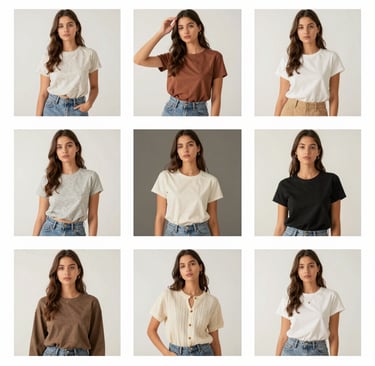 Nine women model a collection of eco-friendly, sustainable basic t-shirts in various colors including white, black, brown