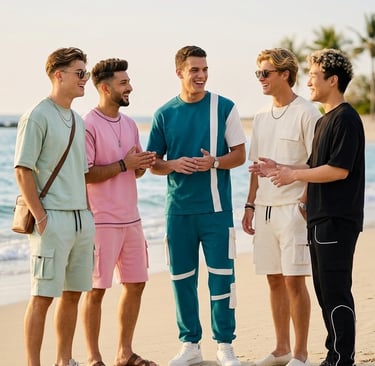 Five young men modeling trendy summer streetwear co-ord sets on a sunny tropical beach.