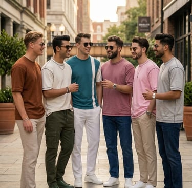 Group of stylish men in casual summer fashion by Loev and sunglasses walking on a city street.