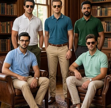 Five well-dressed men modeling business casual polo shirts by Loev Creatives