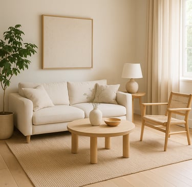 a living room with a couch and a table