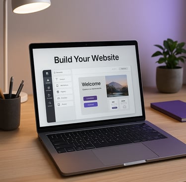 a laptop computer sitting on a desk with a lamp