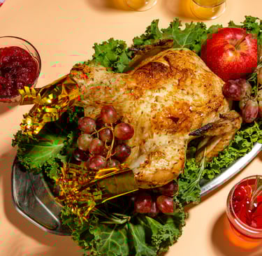 rosted turkey with fresh fruits and vegetabes on the table