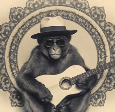 Monkey in sunglasses with a hat playing Guitar