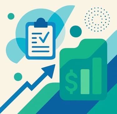 Abstract illustration representing knowledge sharing and research with clipboard, arrow, and financi