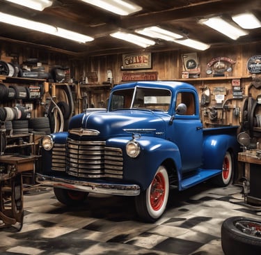 a blue truck parked in a garage with a checkered floor