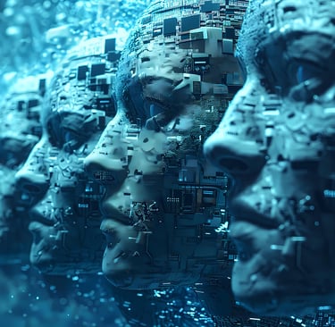 Mirrored human faces representing recurring patterns of existence.