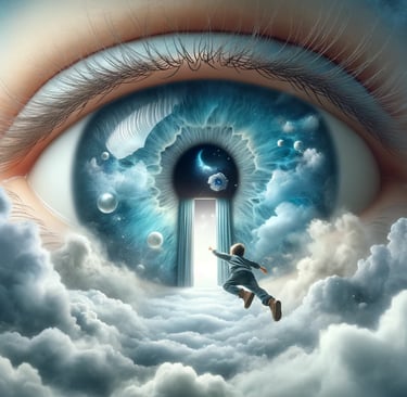 Boy flying toward a cosmic eye symbolising consciousness and the universe.