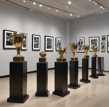 A collection of various gold and silver trophies of different sizes and designs, with intricate details and embellishments, displayed on a flat surface.