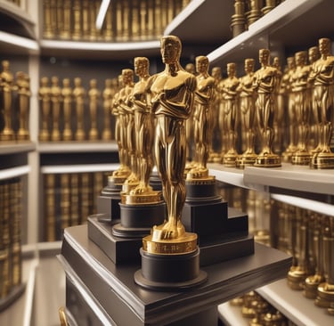 A collection of gold-colored statues resembling awards lined up on shelves. Each statue features a standing figure holding an object, set against a perspective view that emphasizes the rows. The lighting highlights the shiny, reflective surfaces of the trophies.