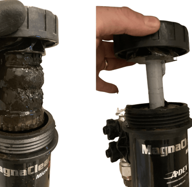 Filtre à boue magnétique avant après nettoyage lors d'un desembouage à Lyon