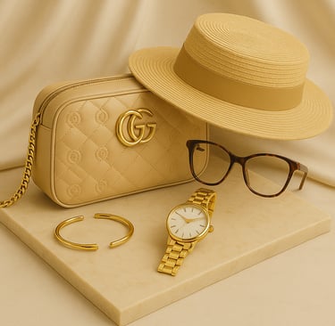Flat lay of luxury beige accessories including a quilted GG handbag, straw hat,tortoiseshell glasses