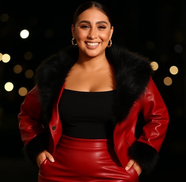 a woman in a red leather jacket and black skirt