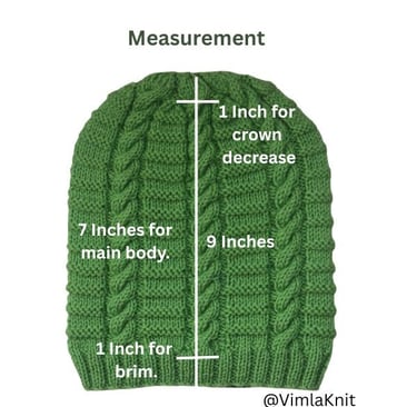  Handmade green cable beanie diagram indicating a 1-inch rib brim, 7-inch body length, and 1-inch for stitch decrease.