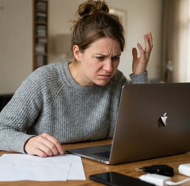 Een vrouw die gefrustreerd kijkt na de aankoop van een macbook