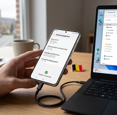 Handmatige Android update van een Samsung S23 via een laptop met Odin firmware software in Schulen.