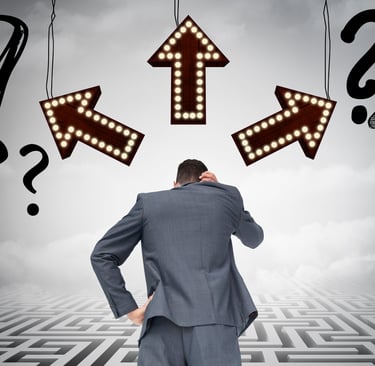 Image of a person who is overwhelmed with too many questions, answers and decisions