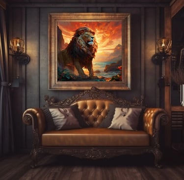 a couch with a painting of a lion in a room