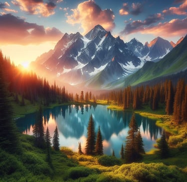 a mountain scene with a lake and a mountain in the background