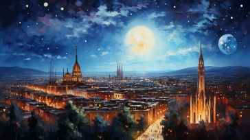 a painting of a cityscape of a city at night