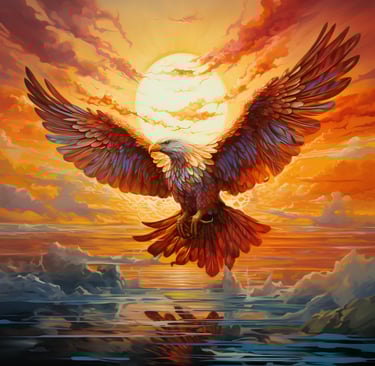 a bald eagle soaring into the sunset