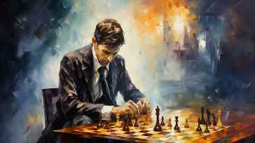 a painting of a man playing chess