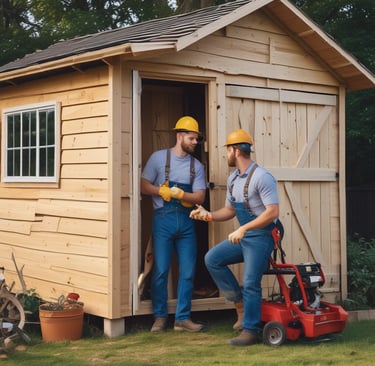A close-up of a person's hands using a chisel and hammer to remove wood from a door frame. The visible hand is holding a yellow-handled chisel, while the other grips a worn wooden mallet. The door frame is brown, and there are visible wood shavings.