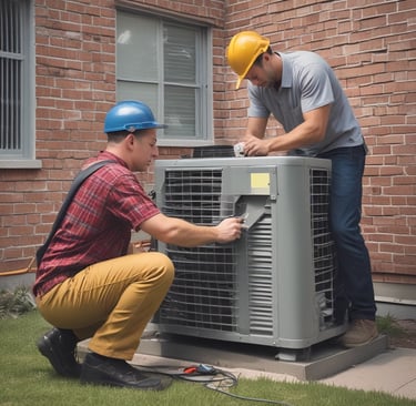A close-up of a hand holding a screwdriver with a worn orange and yellow handle. In the background, there are multiple construction vehicles with prominent yellow and black coloring, slightly out of focus.
