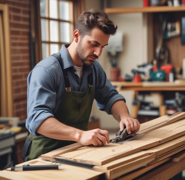A close-up of a gloved hand holding a power drill next to a green surface, with a screw being driven in. The glove is brown with worn-out spots, and the drill has a metallic black component, with part of it being yellow.