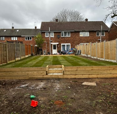 sleeper wall and steps installed Worcester garden transformation with new slabbing by B R Building a