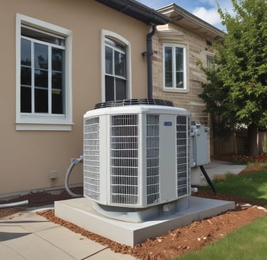 Numerous air conditioning units are densely packed on the exterior wall of a multi-story building. The image shows a very urban setting, with a grid-like arrangement of metal platforms supporting the units. Adjacent to this setup is a zigzagging metal staircase, leading to various floors of the building. The overall appearance is industrial and cluttered.