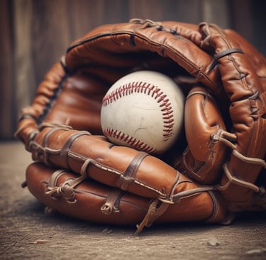 a photo of an old baseball glove and ball