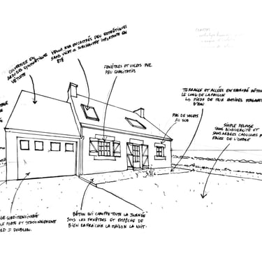 Dessin à la main, analyse de la maison neo bretonne avant travaux renovation architecte Carnac