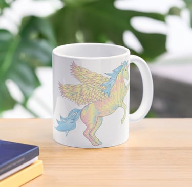 a mug cup of coffee with a colorful pegacorn on it