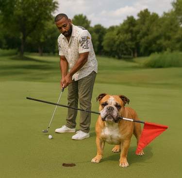 A dog pulls the golf pin for his owner as the golfer lines up his putt.