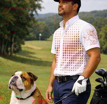 A golfer looks out at a golf shop on a golf course with his trusted bulldog dog best friend.